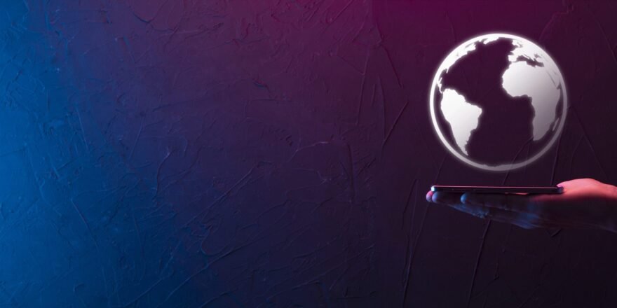 Businessman man hand holding Earth icon , digital globe.
